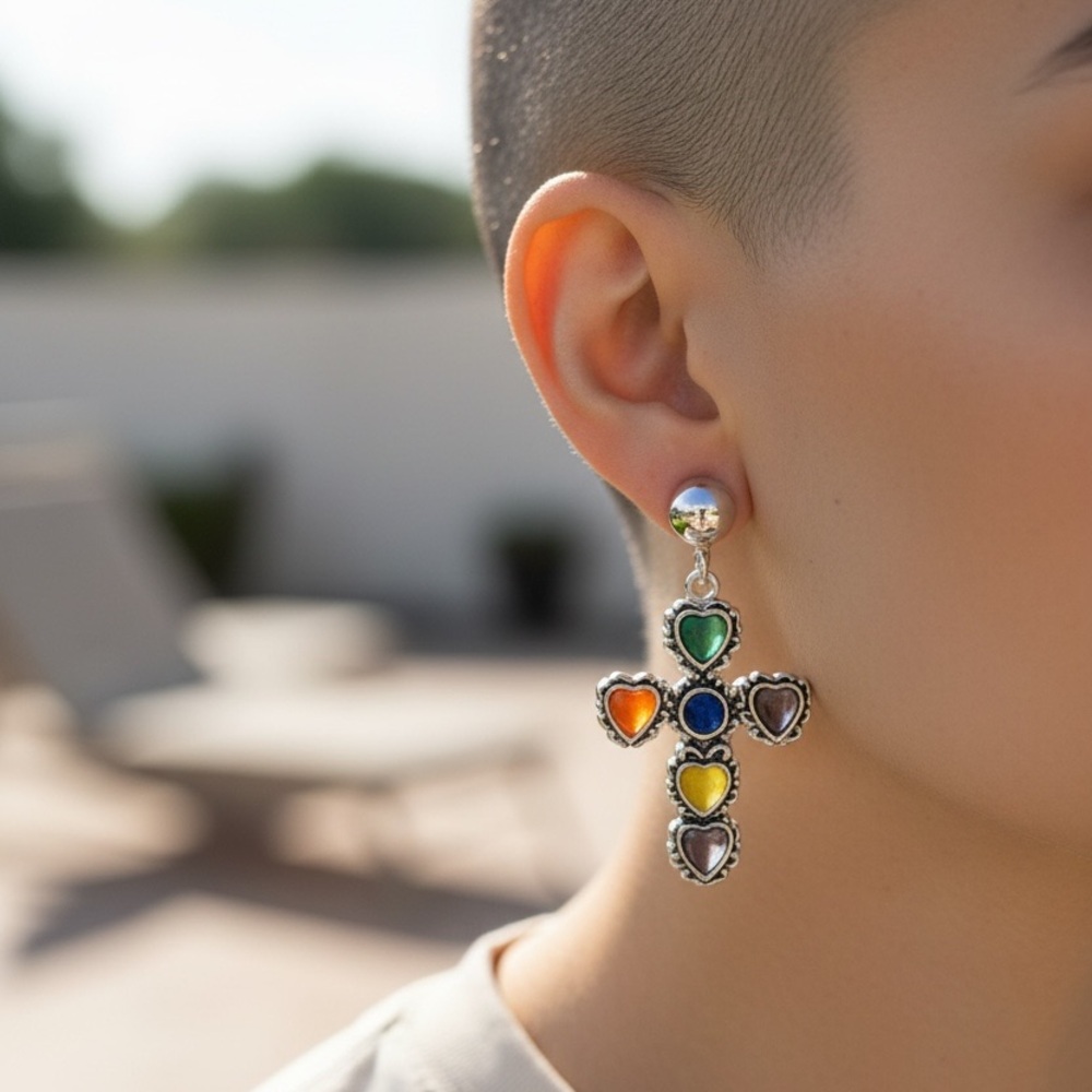 Multicolor Heart Cross Earrings